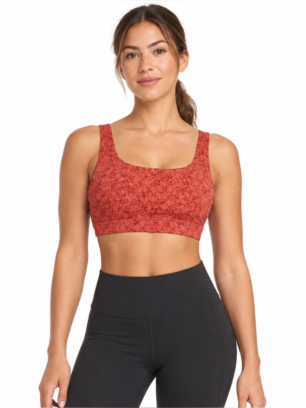 Athleta Exhale Light Impact Sports Bra L Moonflower Jacquard Earth Red Orange